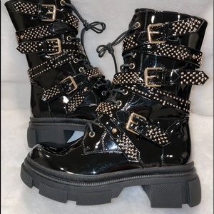 AWang X Dolls Kill Gorgeous V-Pat Leather Combats w/buckles/straps/studs - NWOT